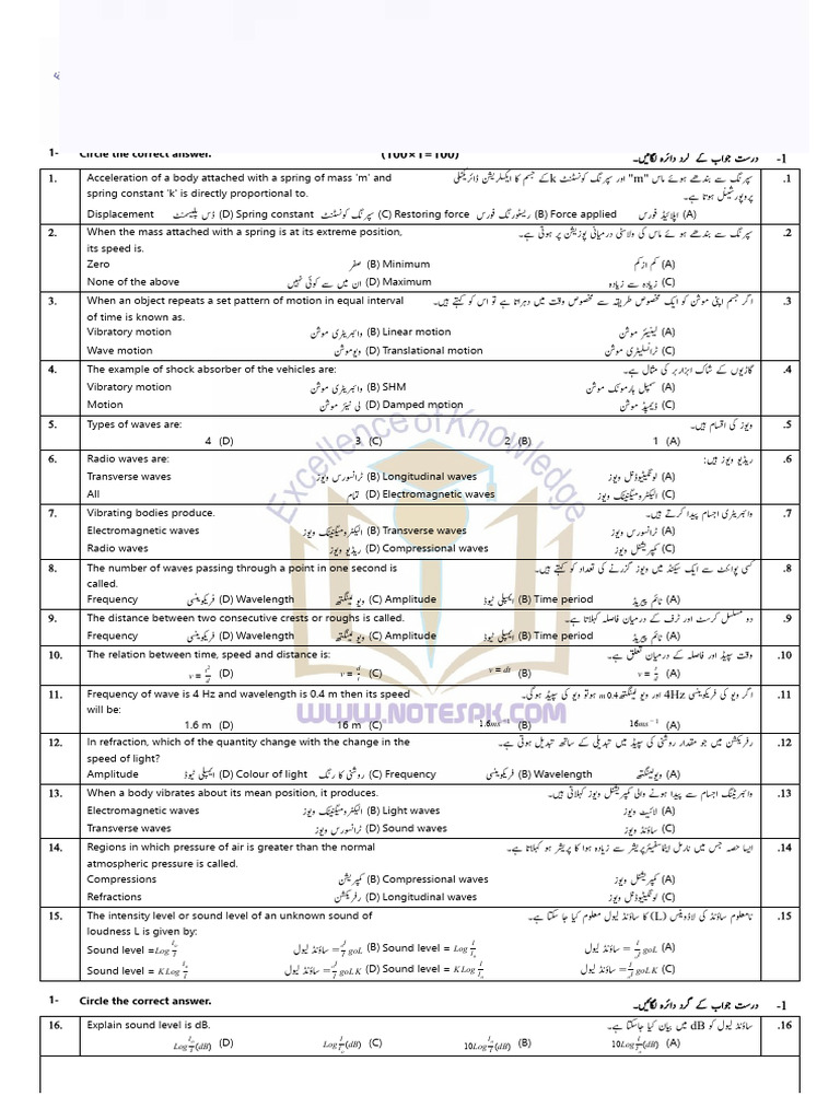 10th Physics 100 MCQs | PDF