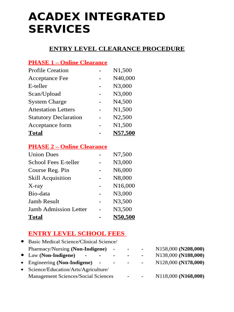 ACADEX Fees Schedule | PDF