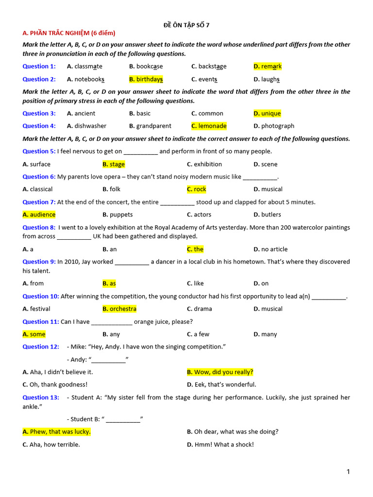 Đề Ôn Tập Số 7 (Key) | PDF | Babysitting