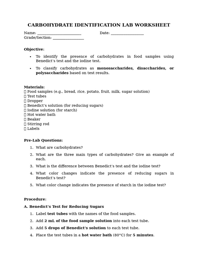 Carbohydrate Identification Lab Worksheet | PDF | Carbohydrates | Sugar