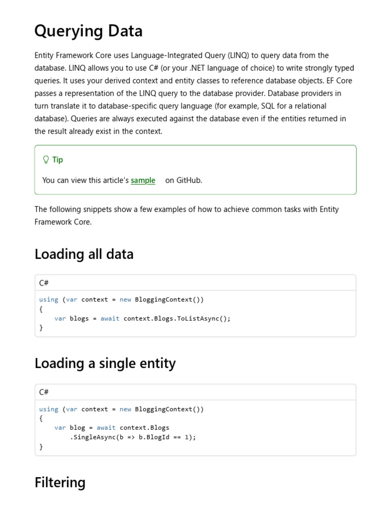 Querying Data - EF Core - Microsoft Learn | PDF