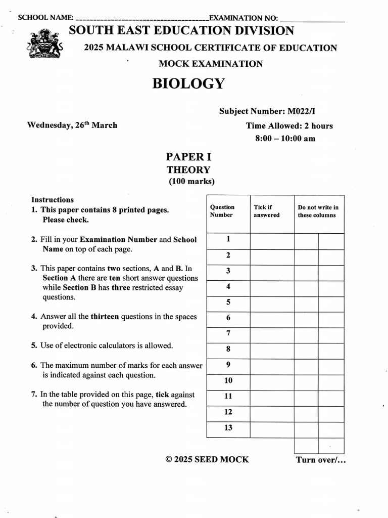 Biology Paper i Seed Mock 2025 | PDF