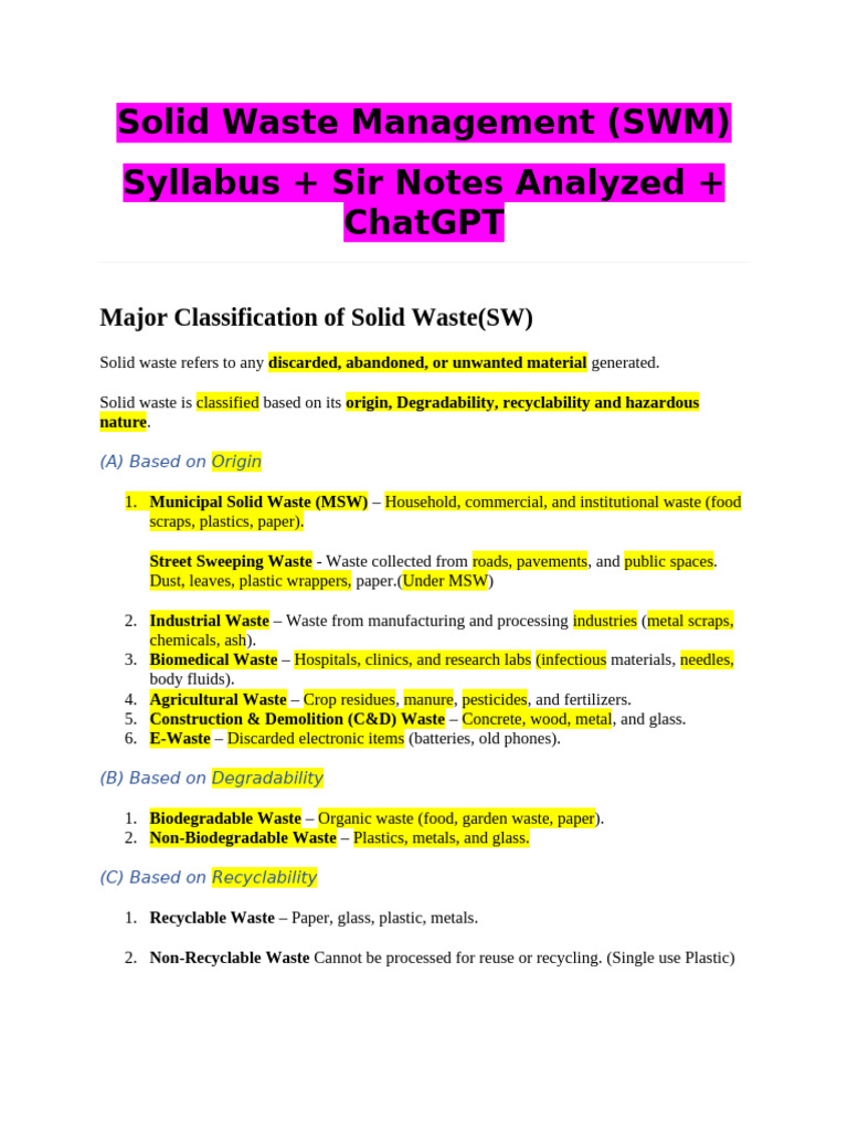 SWM Notes From Chatpt + PYQ | PDF | Waste Management | Waste