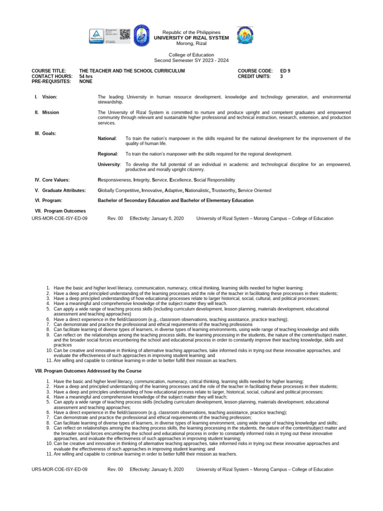 ED 9 Syllabus The Teacher and The School Curriculum | PDF | Curriculum ...