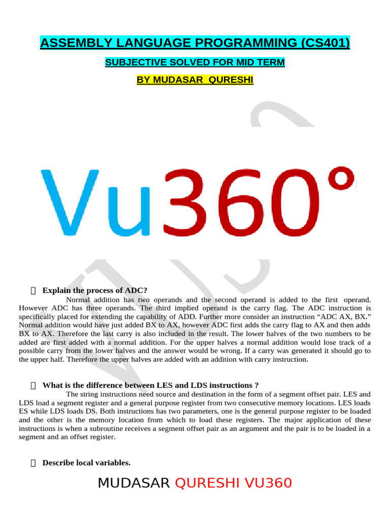 CS401 Short Notes for Midterm BY VU360 | PDF | Computer Programming ...
