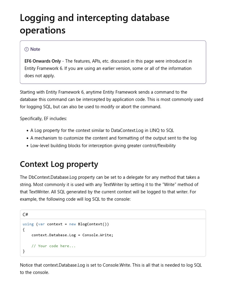 Logging and Intercepting Database Operations - EF6 | PDF | Language ...