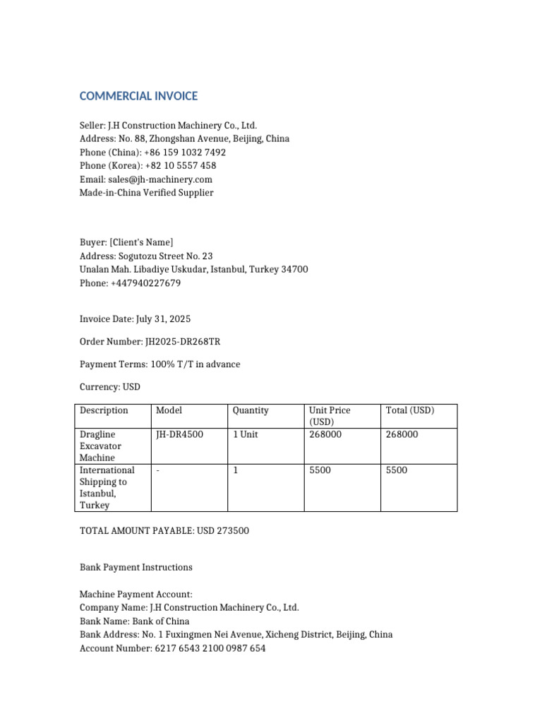 Commercial Invoice Dragline Excavator JH2025-DR268TR | PDF