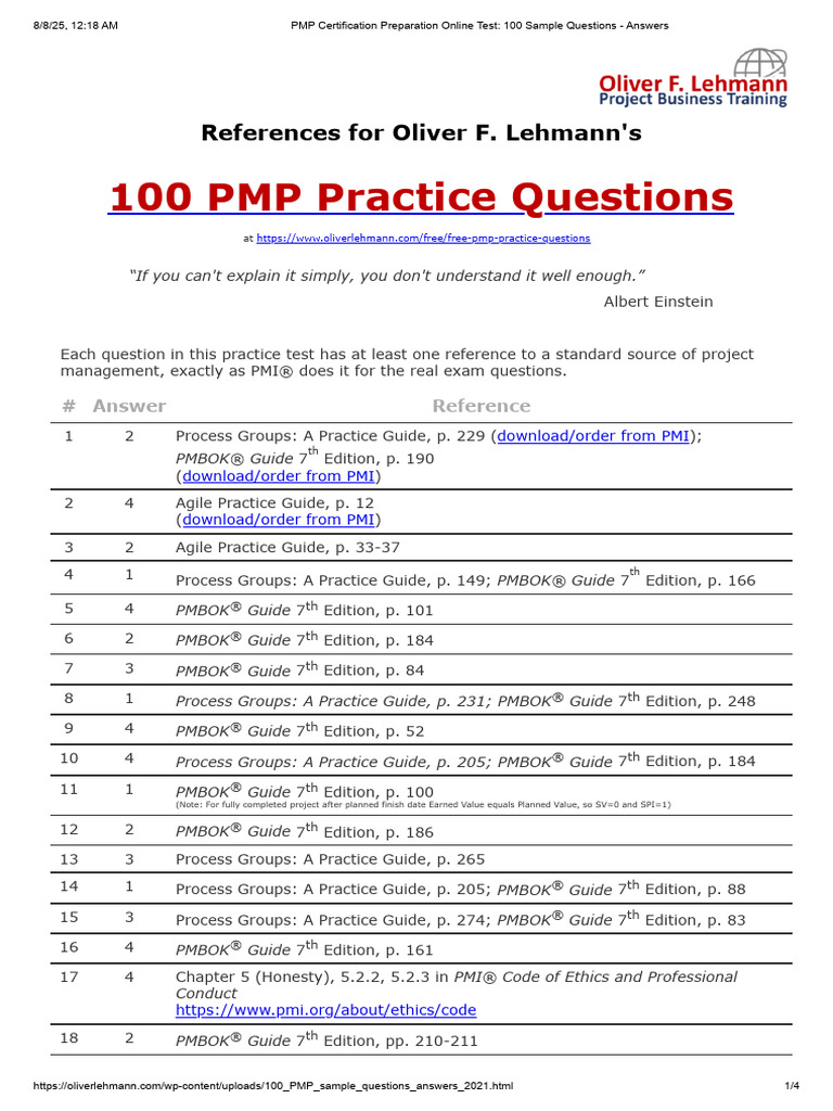 PMP Certification Preparation Online Test - 100 Sample Questions ...
