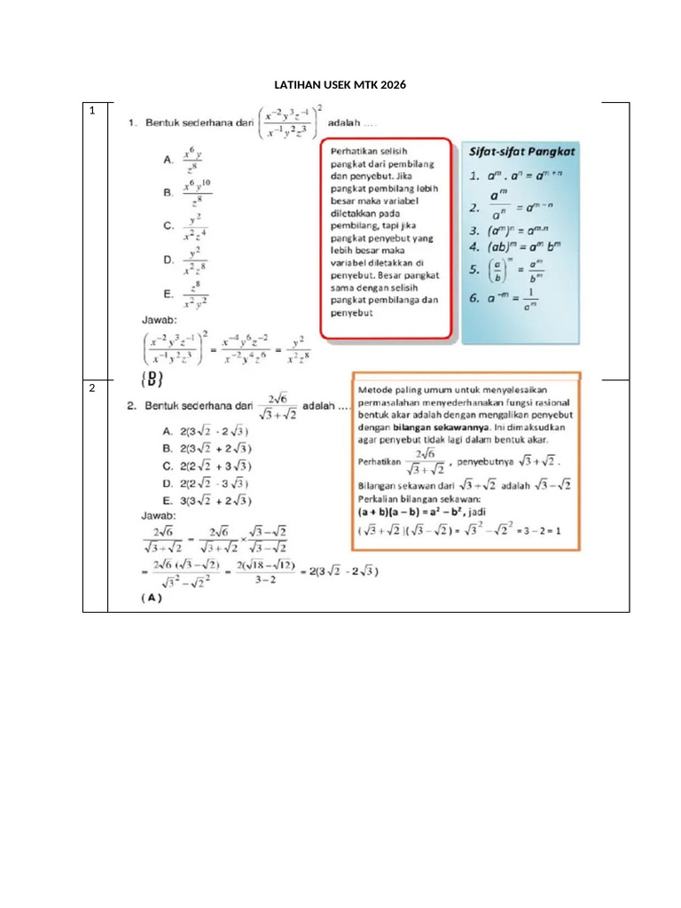 LATIHAN USEK Kelas XII MTK 2026 | PDF
