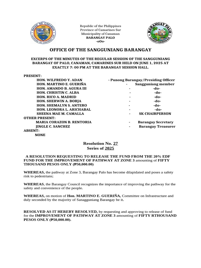 2025 Reso # 27 Improvement of Pathway at Zone 3 | PDF | Philippines