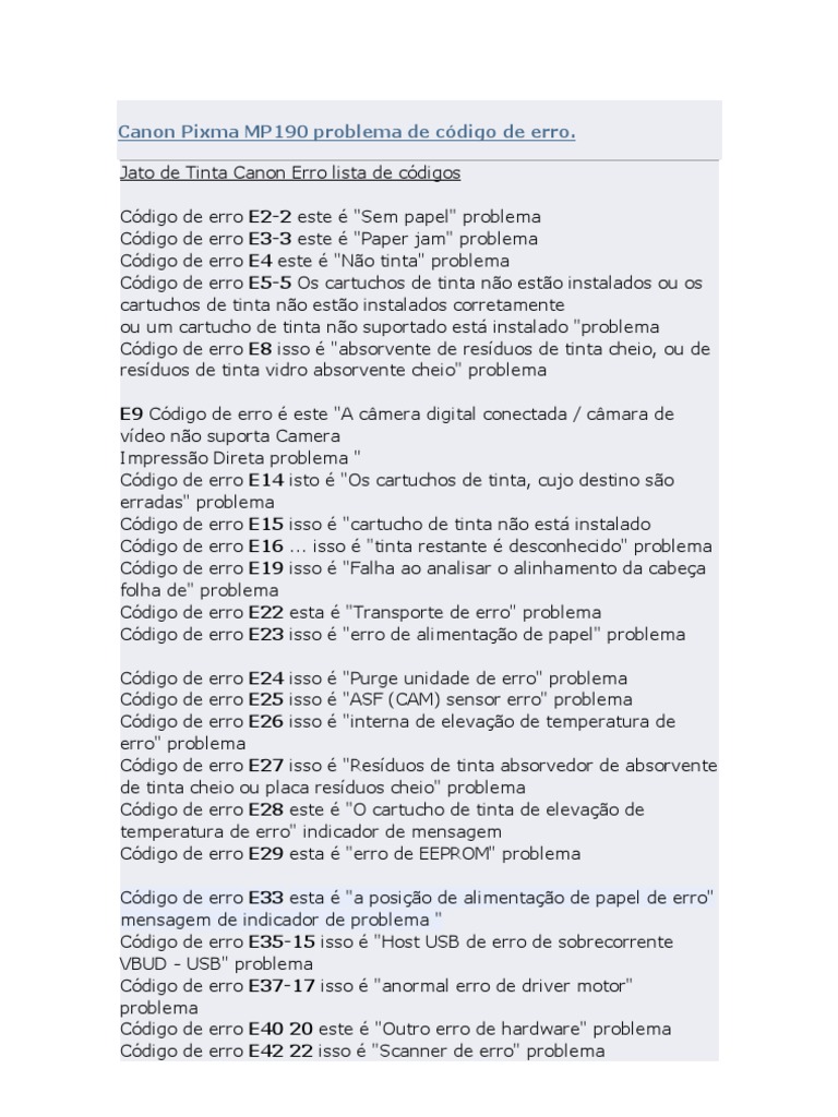 LISTA DE CÓDIGO DE ERROS DO SOFTWARE RESET PARA CANON (EX: 002