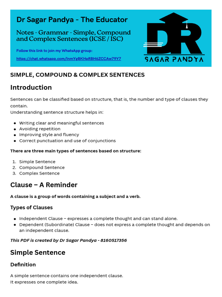 ICSE ISC - Grammar - Simple Complex Compound Sentences by DR Sagar ...