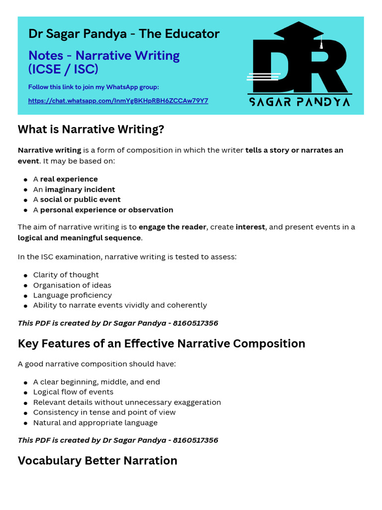 ICSE ISC - Narrative Writing by DR Sagar Pandya - The Educator | PDF ...