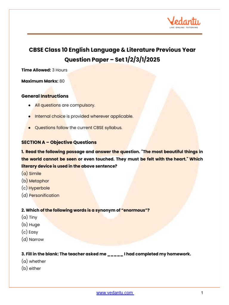 CBSE Class 10 English Lang & Lit Question Paper 2025 PDF (Set 1, 2, 3 ...