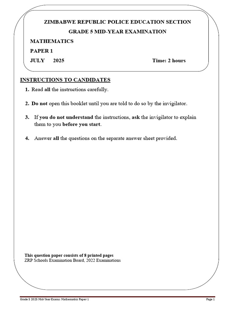 Grade 5 Mathematics Paper 1 Latest | PDF