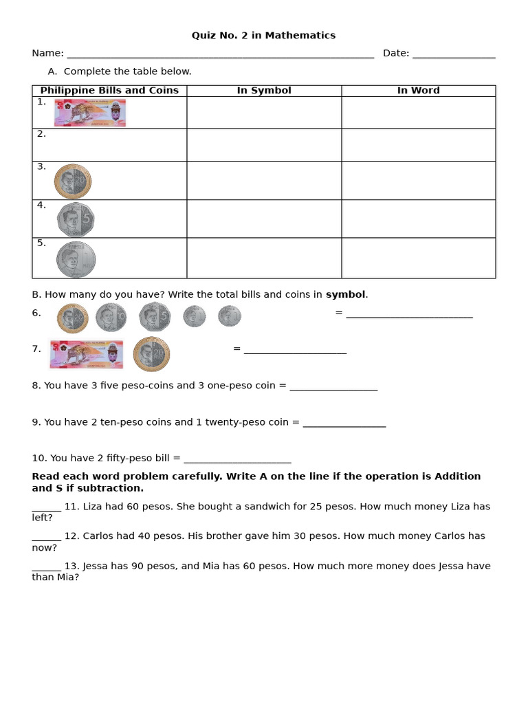 Quiz No. 2 in Math-4th Quarter Money | PDF