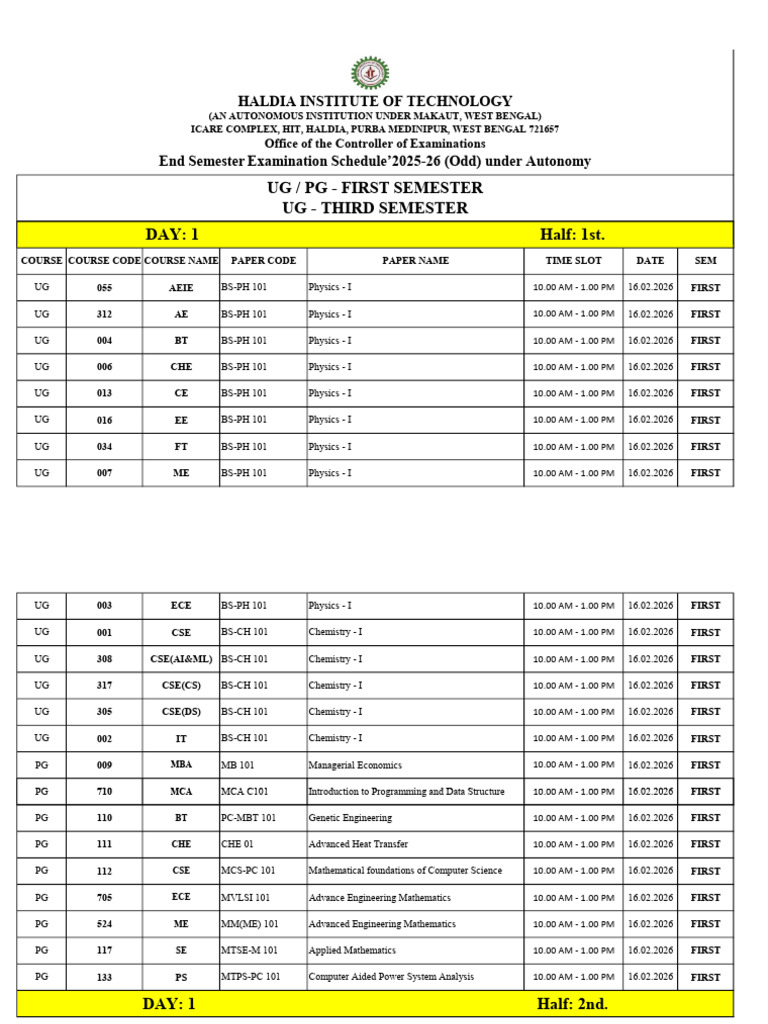 Theory Exam Schedule'2025-26 (Odd) - 1 (Ug&Pg) - 3 (Ug) | PDF ...