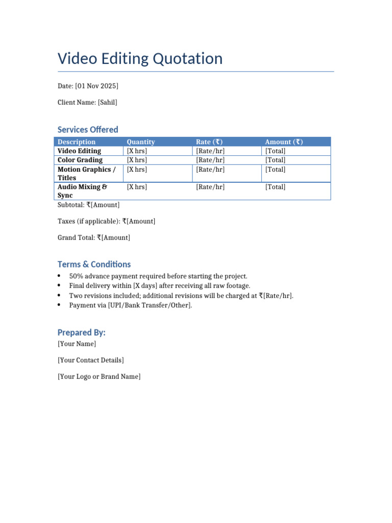 Video Editing Quotation Template | PDF