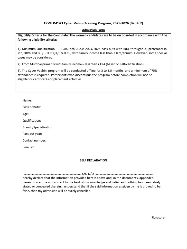 Self Declaration Form Cyber Vahini - 2 Batch Mumbai | PDF