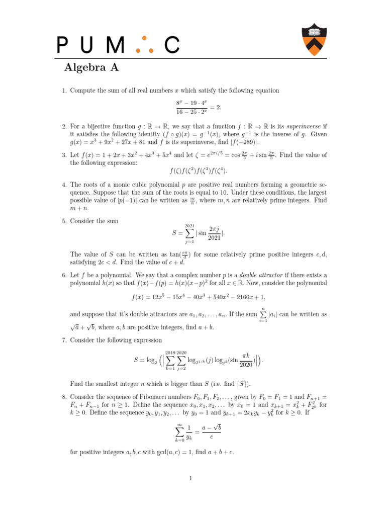 PUMaC 2021 Algebra A | PDF | Algebra | Function (Mathematics)