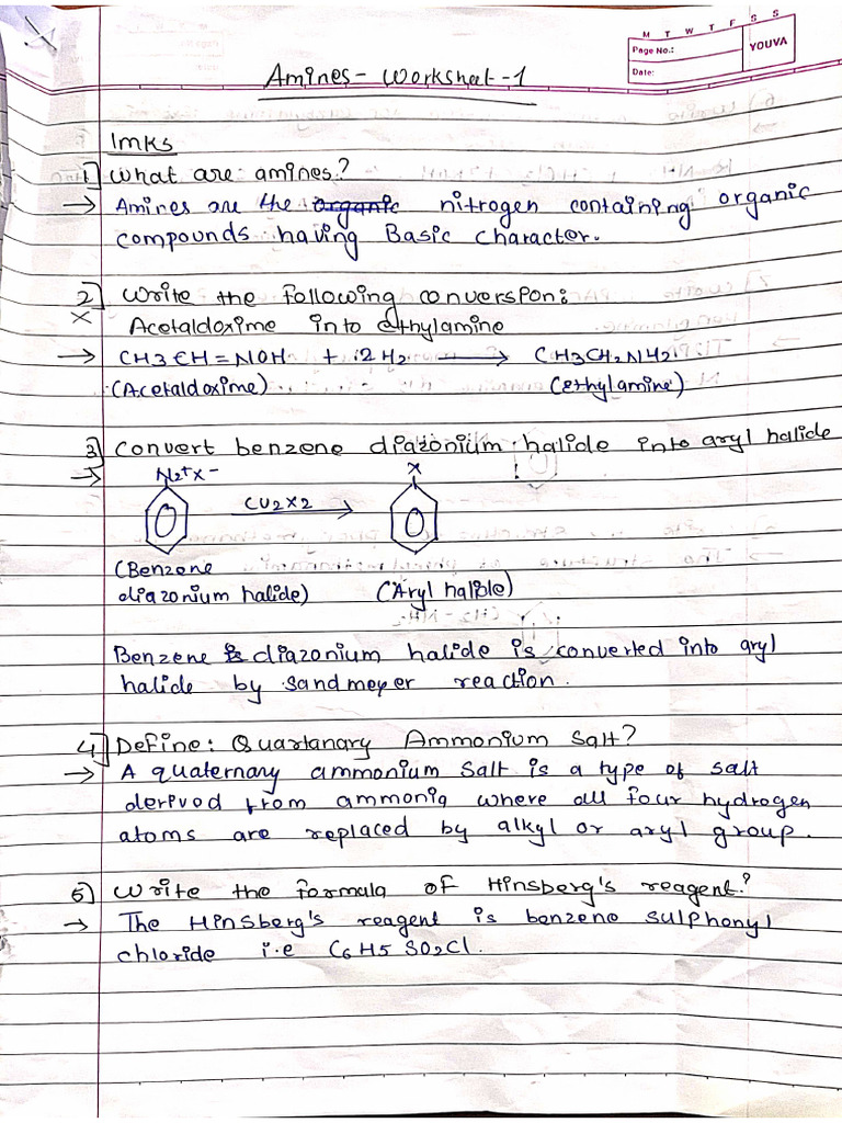 Amines Worksheet - 1 Answerkey | PDF