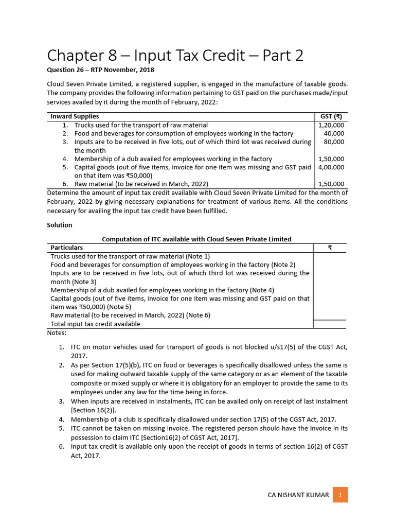 Chapter 8 - Input Tax Credit - Plus Notes - Part 2 | PDF | Taxes | Tax ...