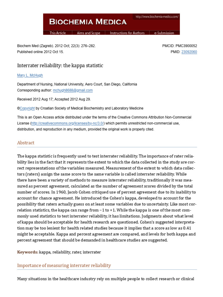 Interrater Reliability The Kappa Statistic - PMC | PDF | Statistics ...