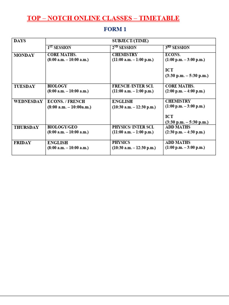 Form One Time Table | PDF