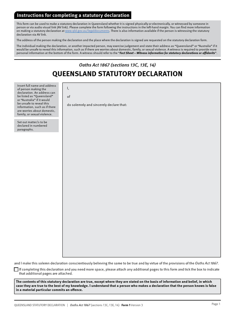 Form 1 Version 3 Statutory Declaration Form PDF Version | PDF ...