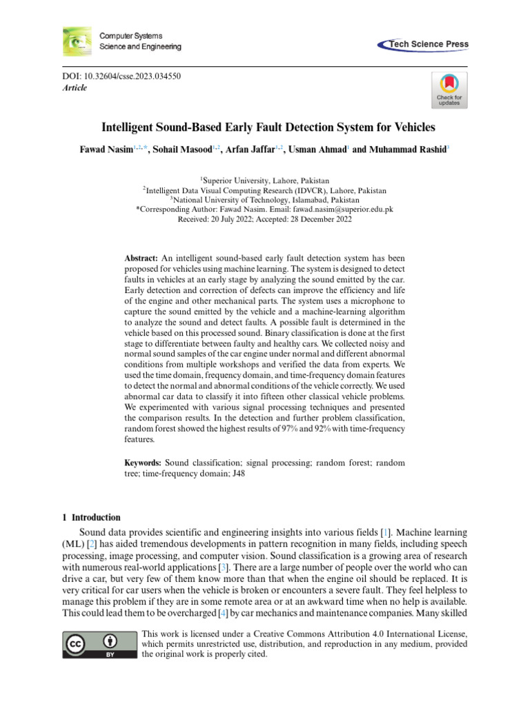 Intelligent Sound-Based Early Fault Detection System for Vehicles | PDF ...