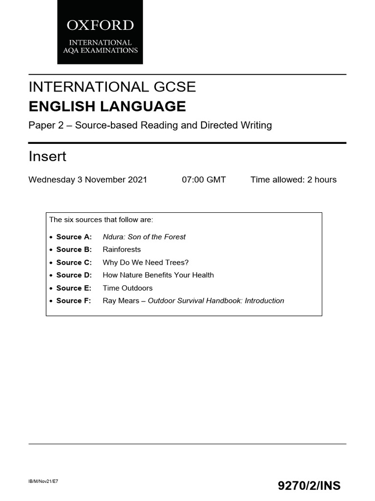 9270 2 Insert Question Paper 2 International Gcse English Language ...