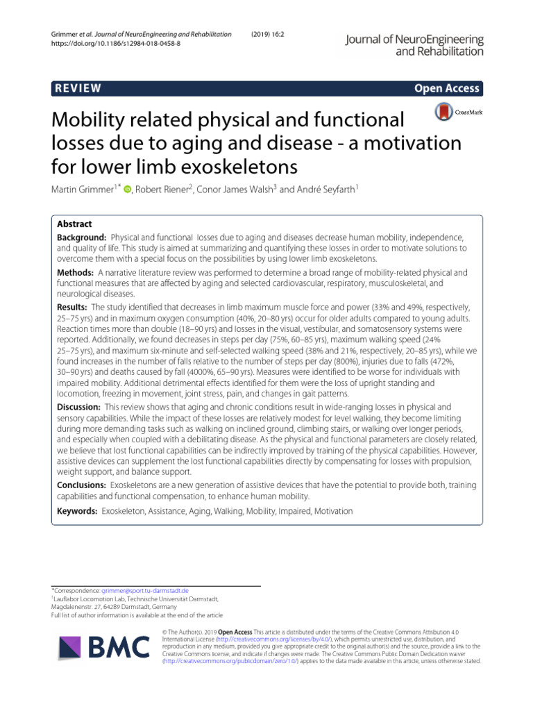 Mobility Related Physical and Functionallosses Due to Aging and Disease ...