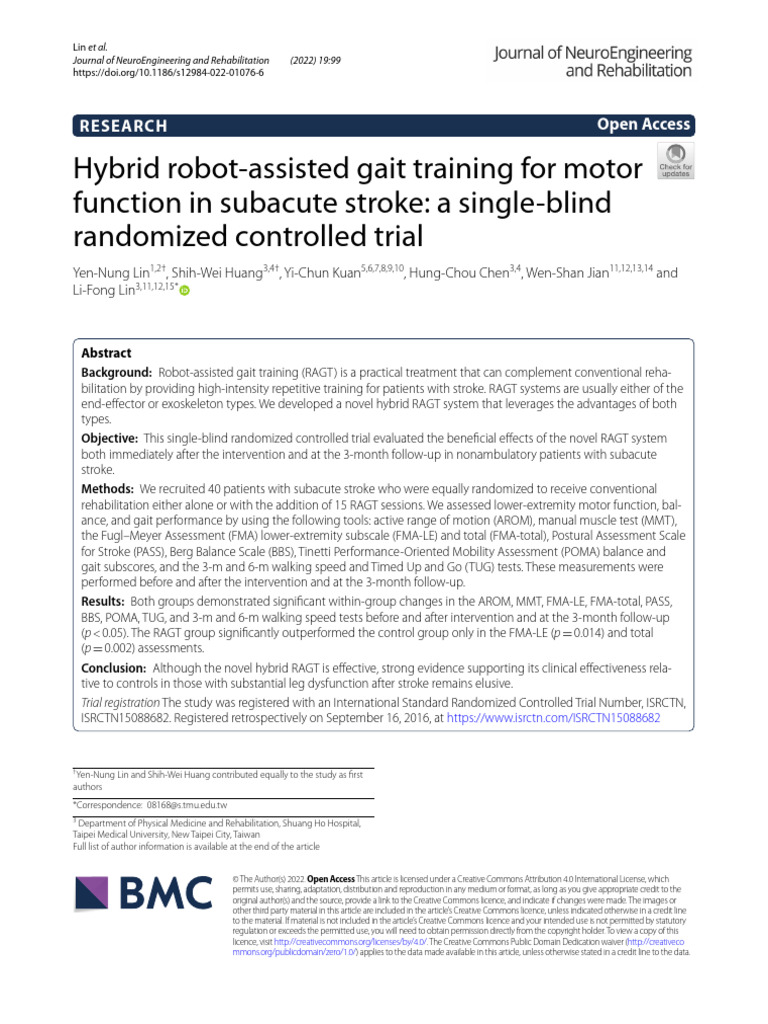 Hybrid Robot-Assisted Gait Training For Motor Function in Subacute ...