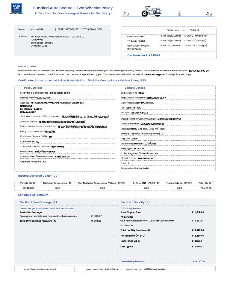 BikePolicy_176907765875922012026_155738 | PDF | Insurance | Receipt