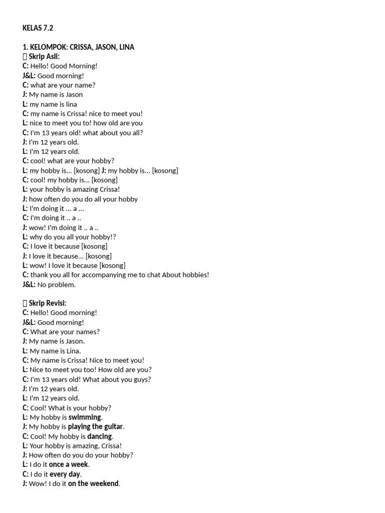 7.2 Conversation Scripts About Hobbies for Speaking Test | PDF