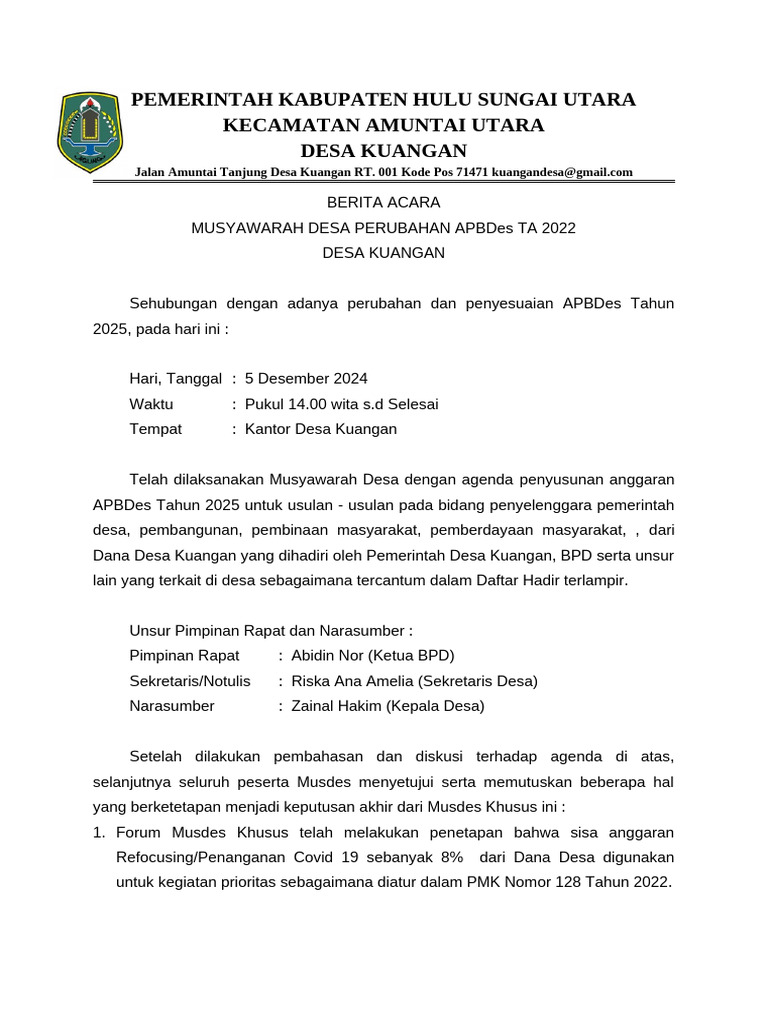 Berita Acara Musdes Perubahan Apbdes 2025 | PDF