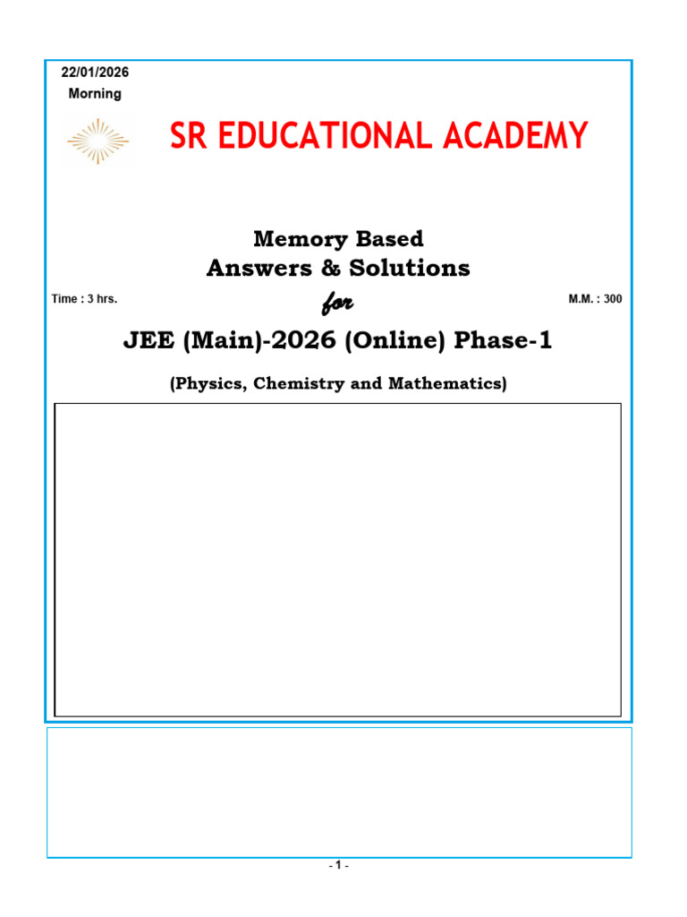 Answers&Solutions JEE (Main) - 2026 Ph-1 (22!01!2026) Morning | PDF ...