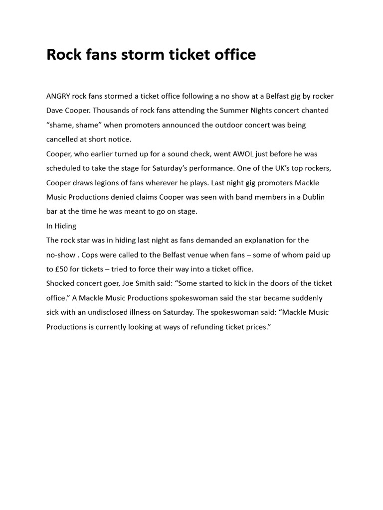 Rock Fans Storm Ticket Office (Tabloid Article) L2 | PDF