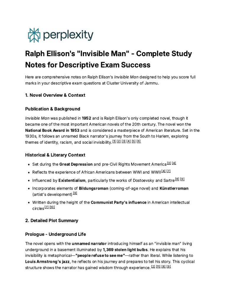 Ralph Ellison's - Invisible Man - Complete Study | PDF | Narration