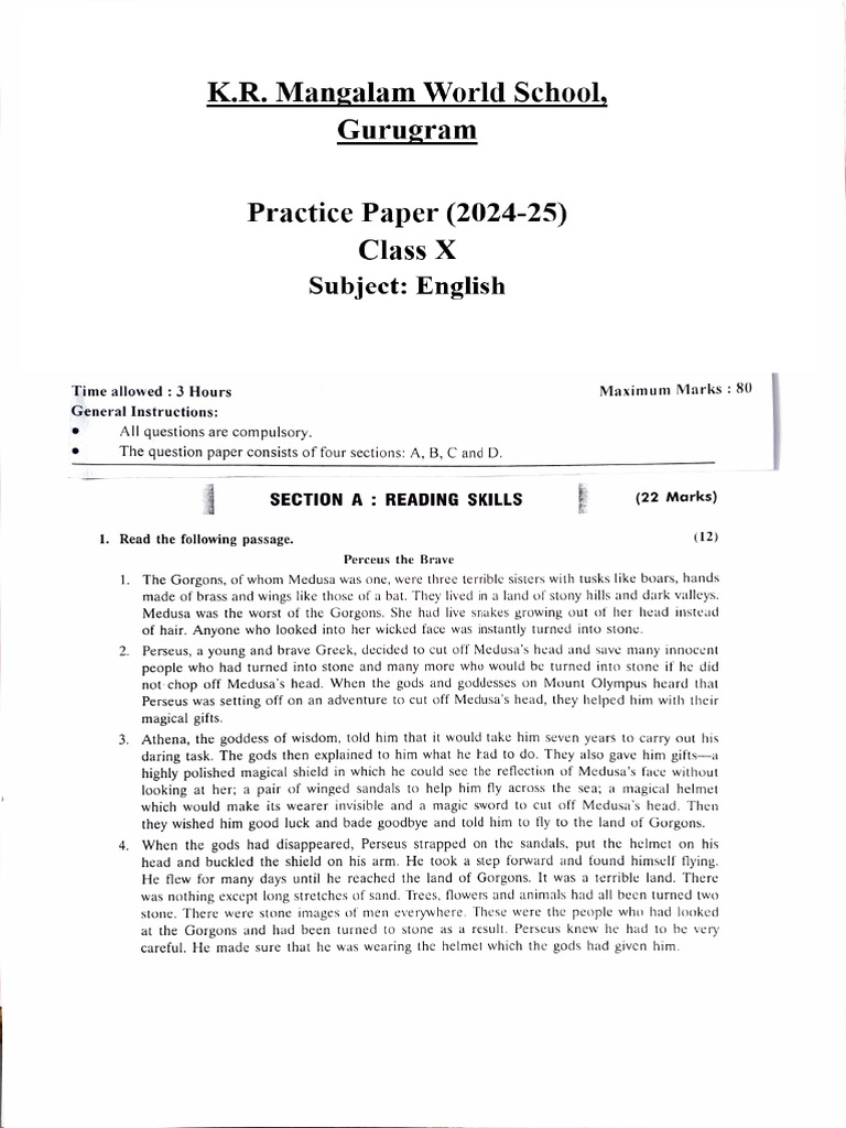 Class 10 English Practice Paper 202425 | PDF | Medusa | Athena