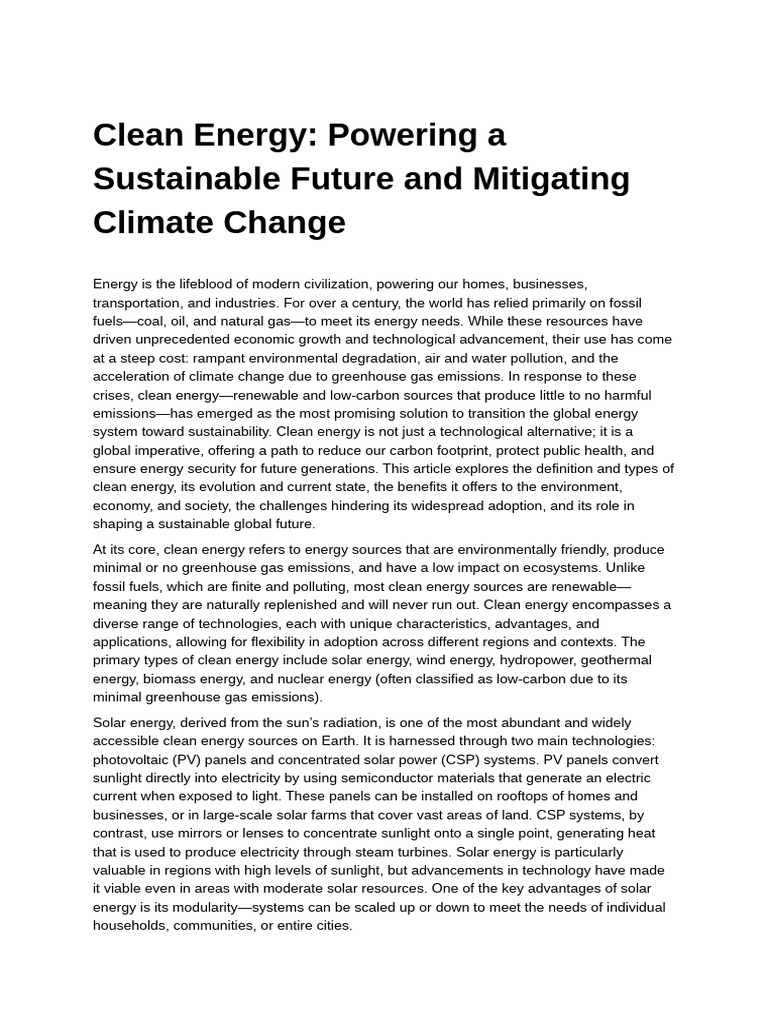 Clean Energy_ Powering a Sustainable Future and | PDF | Renewable ...