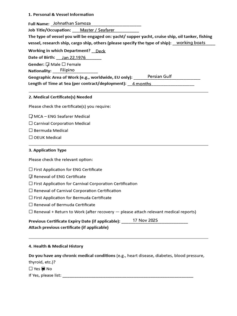 Seafarer Medical Questionnaire 1 | PDF
