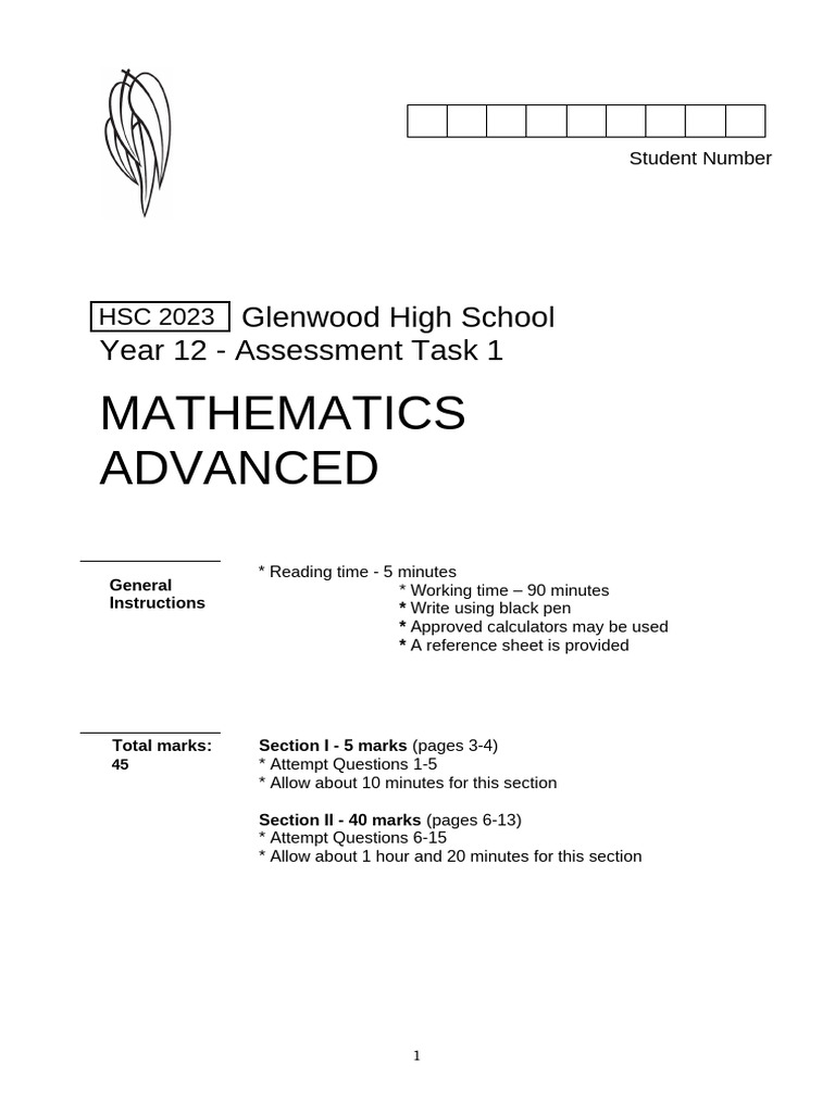 HSC 2023 Yr 12 Advanced Task 1 Final | PDF | Function (Mathematics ...
