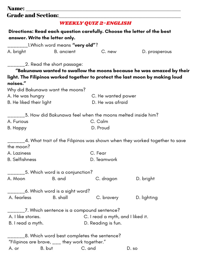 Weekly Quiz 2 English q4 | PDF