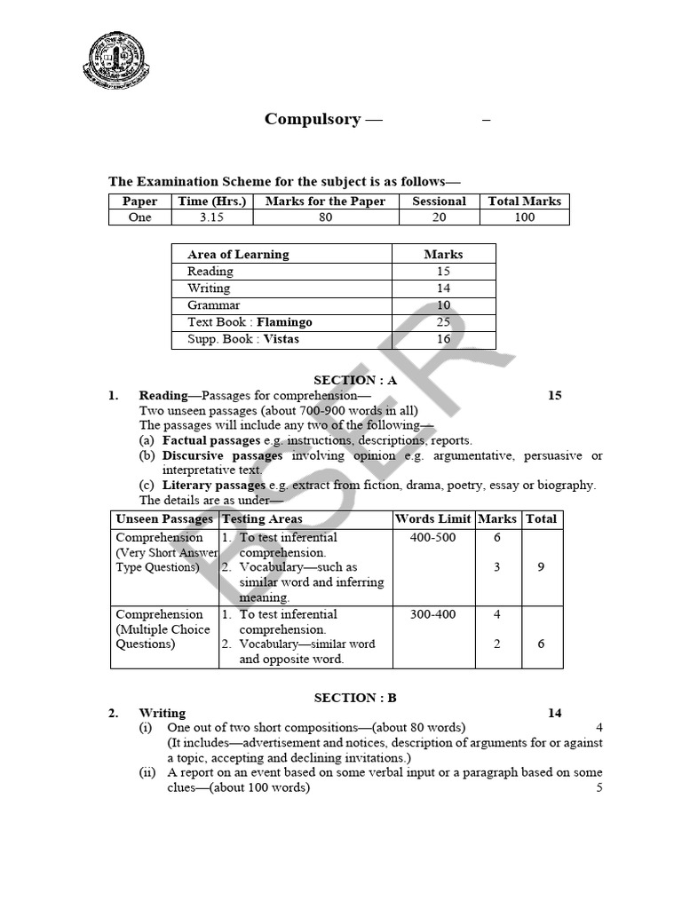 Rbse Class 12th English Compulsory Syllabus 2025 PDF | PDF | Reading ...