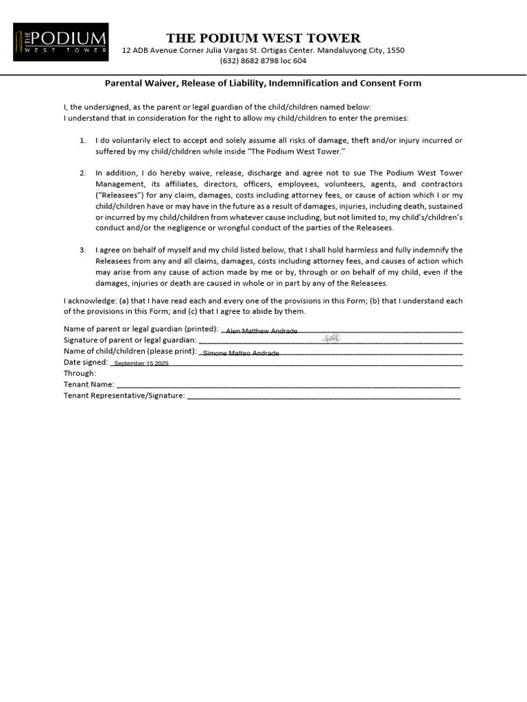 TPWT Waiver - Children - Signed | PDF | Indemnity | Law Of Obligations