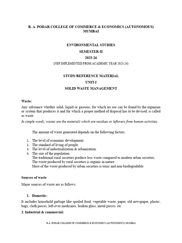 FYBcom EVS Sem 2 Notes | PDF | Waste | Agriculture