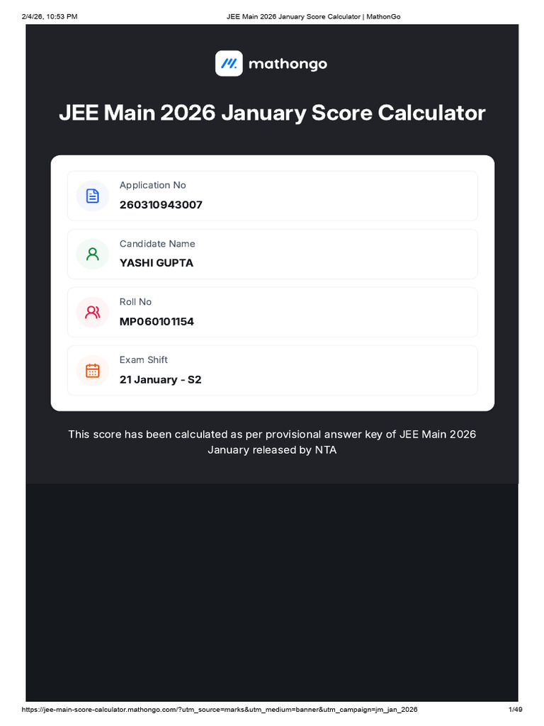 JEE Main 2026 January Score Calculator - MathonGo | PDF | Educational ...