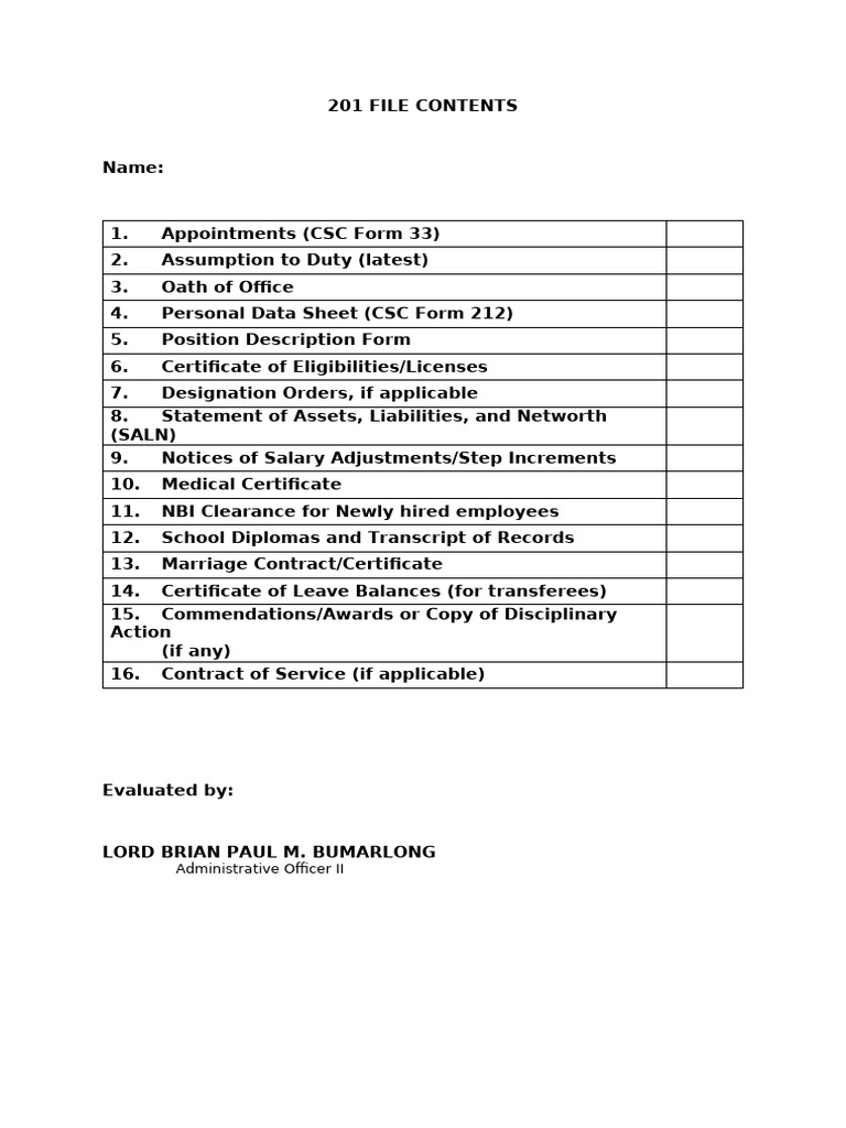 201 File Contents Checklist | PDF