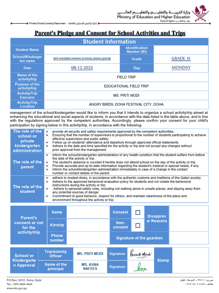 Parents Pledge and Consent For School Activities and Trips GRADE 9 | PDF